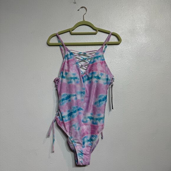 XOXO Pink Tie Dye One-Piece Plunge Swimsuit Sz XL NWT - Picture 1 of 11
